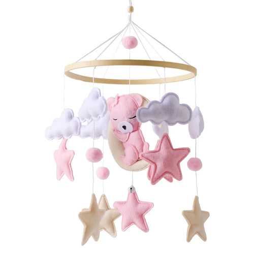 Wooden Crib Mobile Baby Bed Bell Rattle Toy Soft Felt Cartoon Bear