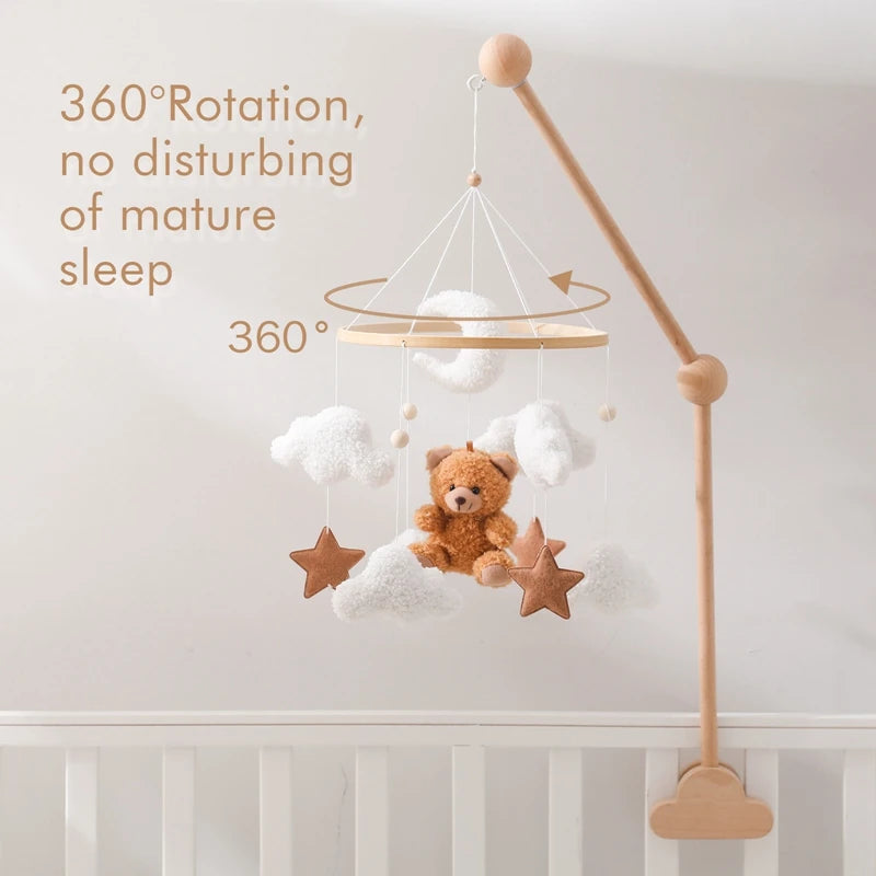 Wooden Crib Mobile Baby Bed Bell Rattle Toy Soft Felt Cartoon Bear