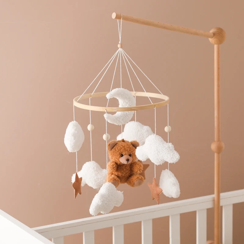 Wooden Crib Mobile Baby Bed Bell Rattle Toy Soft Felt Cartoon Bear