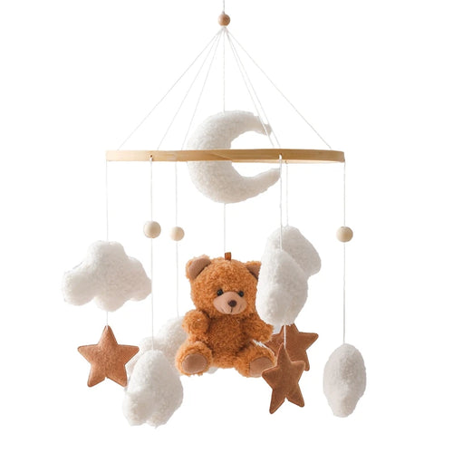 Wooden Crib Mobile Baby Bed Bell Rattle Toy Soft Felt Cartoon Bear