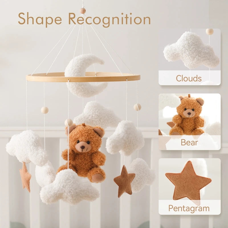 Wooden Crib Mobile Baby Bed Bell Rattle Toy Soft Felt Cartoon Bear